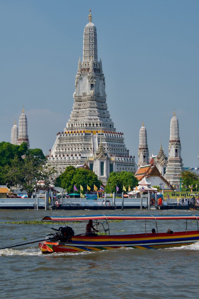 S Thailand Bangkok Wat Arun Prang and Long Boat Taxi on Chao Phraya River